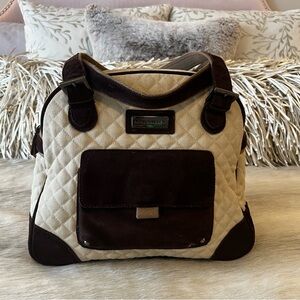 VERA BRADLEY Khaki Buckeye Bowler Bag Tote 2 Handle Suede Cotton Quilted 10”x12”